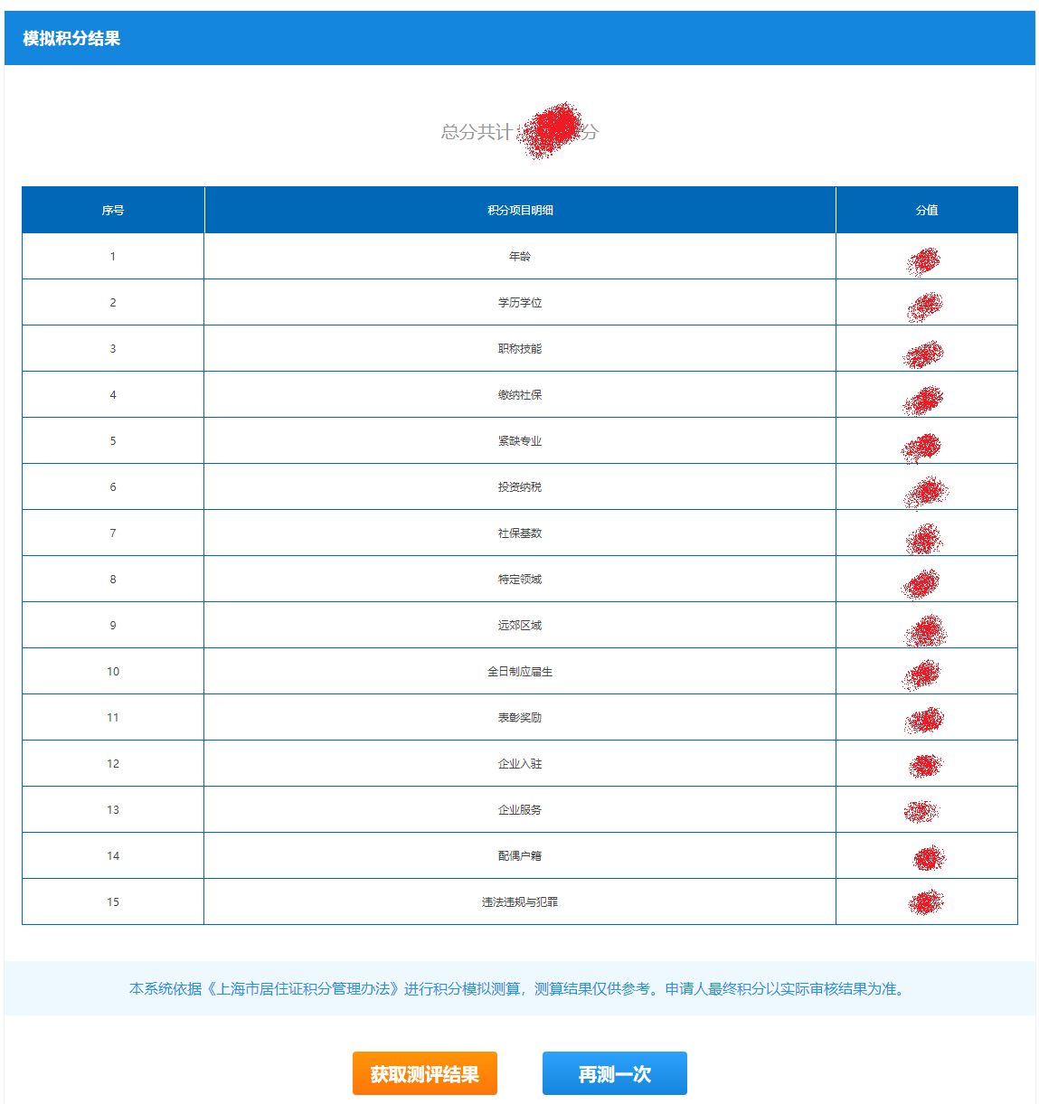 2023年上海居住證積分模擬打分計算器